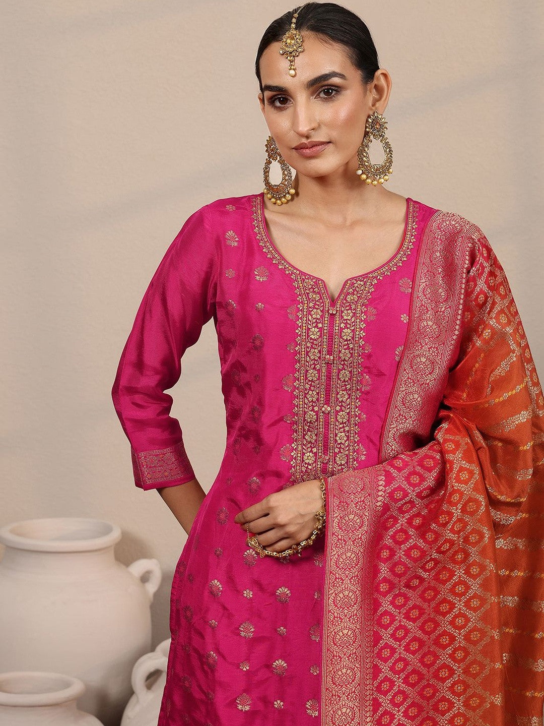 Women Ethnic Motif Woven Design Zari Straight Kurta with Trousers & Dupatta