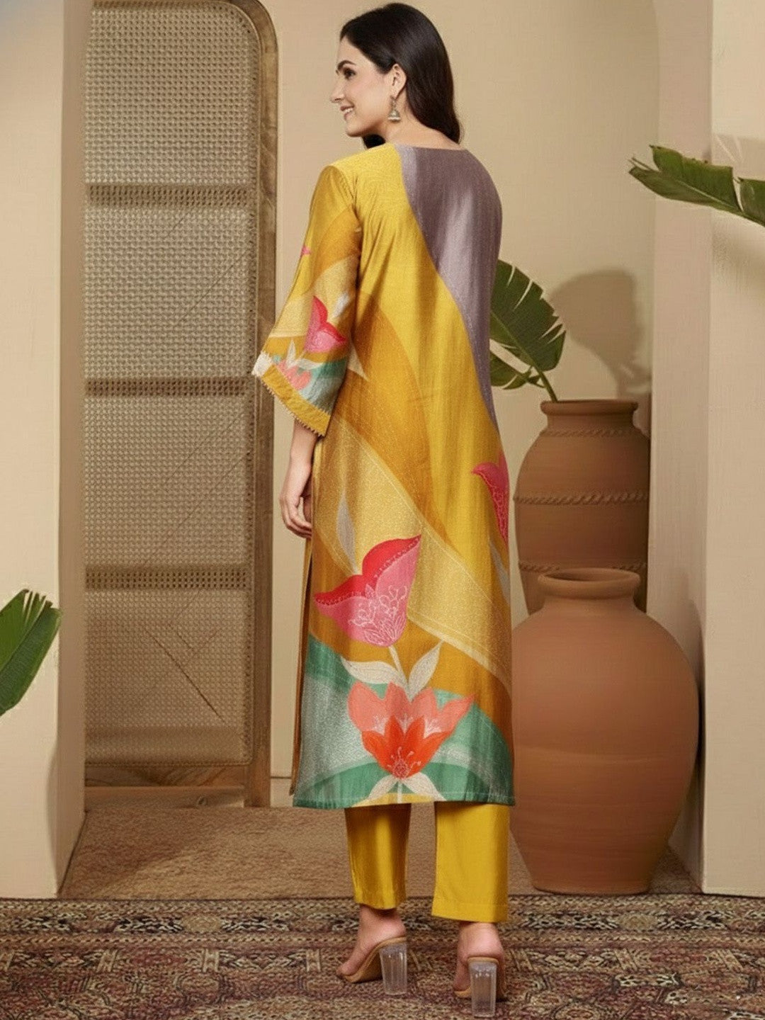 Printed V-Neck Kurta & Trousers