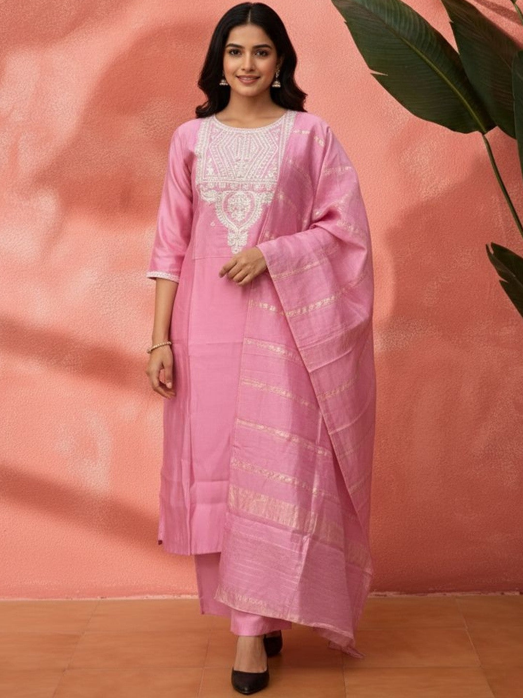 Embroidered Mandarin Collar Kurta & Trousers with Dupatta