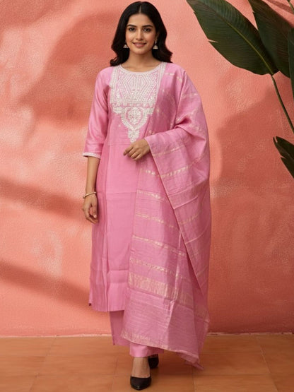 Embroidered Mandarin Collar Kurta & Trousers with Dupatta