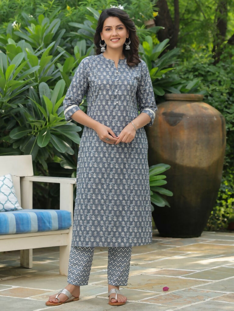 Women's Straight Soft Cotton Block Print Women's Kurta Set - Blue