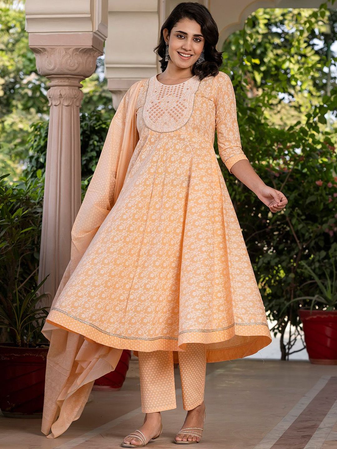 Dhiyona KL Floral Printed Mirror Work Anarkali Pure Cotton Kurta With Trousers & Dupatta