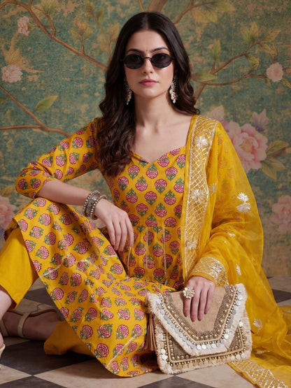 Embroidered Pure Cotton Sweetheart Neck Kurta & Trousers With Dupatta