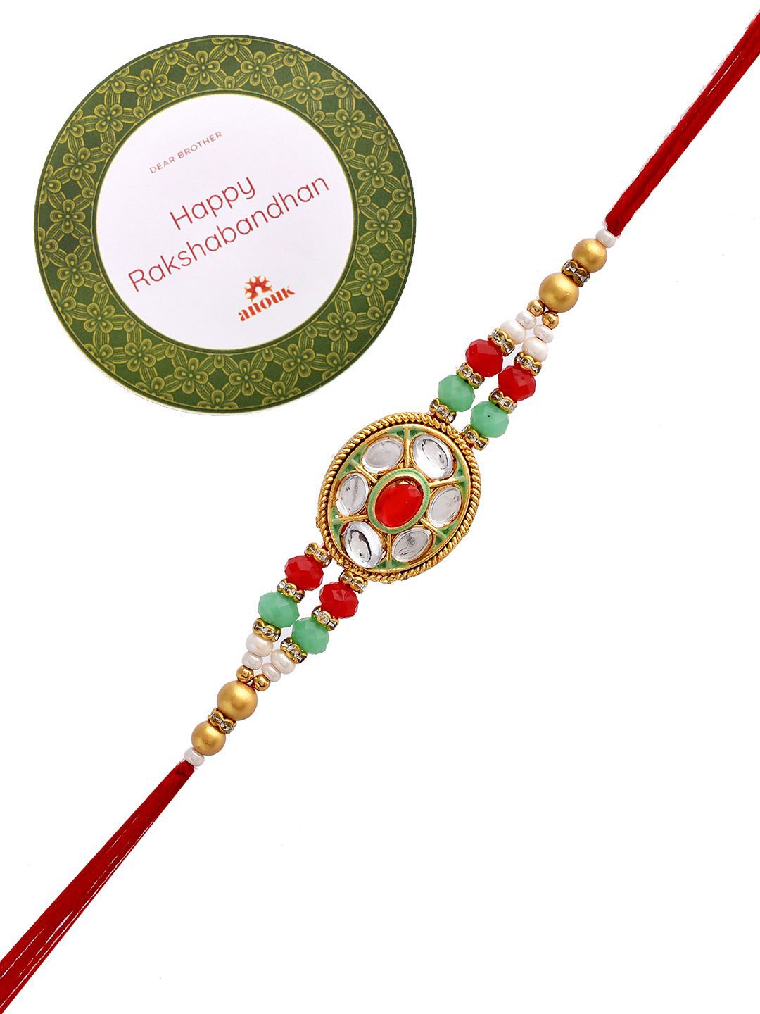 Dhiyona Gold-Toned Kundan-Studded & Beaded Rakhi With Roli Chawal & Greeting Card