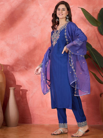 Dhiyona SN Women's Embroidered Zari Mirror Work Kurta Pant with Dupatta Set