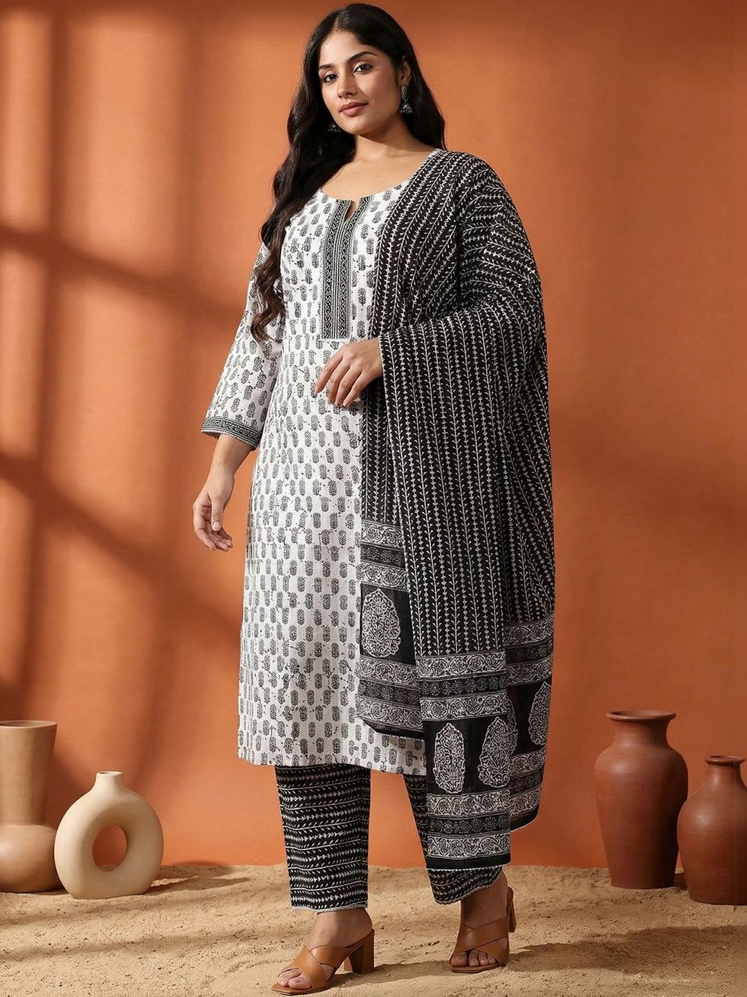 Dhiyona Women's Ethnic Motifs Printed Regular Pure Cotton Kurta with Trousers & With Dupatta