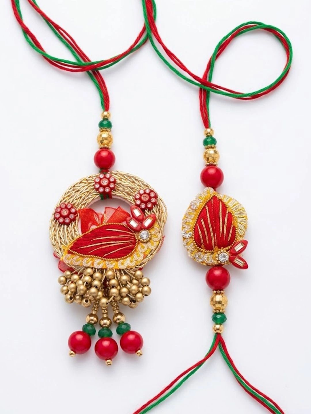 Dhiyona Set Of 2 Artificial Beads Bhaiya Bhabhi Rakhi With Roli Chawal Chandan Mishri