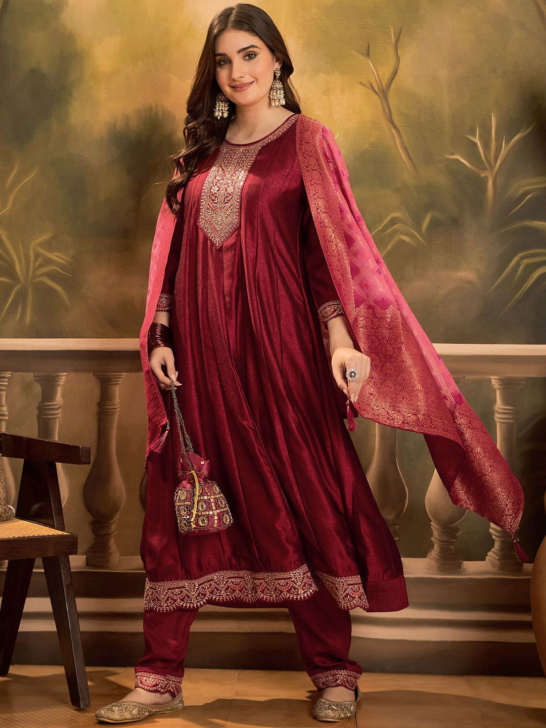 Zari & Sequin Embroidered A-Line Kurta & Trousers With Dupatta