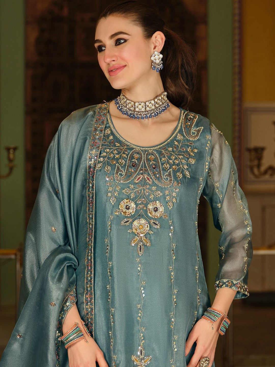 Ethnic Motifs Embroidered Regular Sequinned Kurta with Sharara & With Dupatta