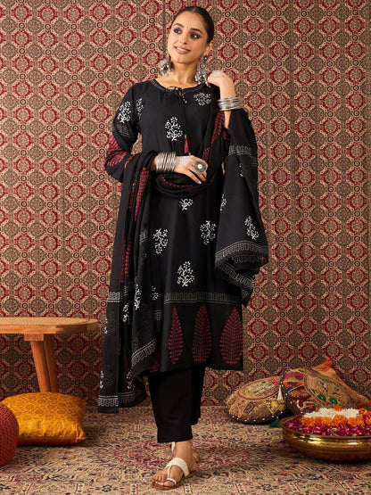 Dhiyona IE Women's Floral Printed Tie-Up Neck Pure Cotton Straight Kurta & Trousers With Dupatta