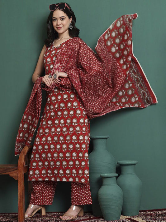 Dhiyona KL Floral Printed V-Neck Pure Cotton Kurta With Trousers & Dupatta