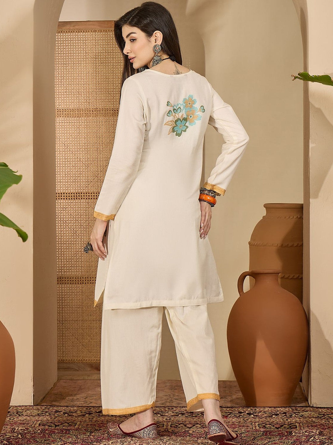 Winter Floral Self Design Kurta With Trousers