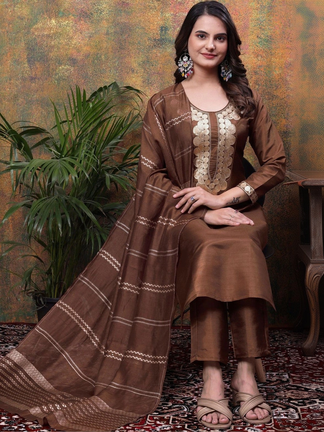 Women Ethnic Motifs Embroidered Regular Kurta with Trousers & With Dupatta