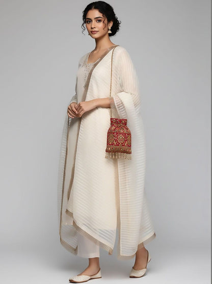Off White Women Embroidered Regular Thread Work Kurta with Trousers & With Dupatta