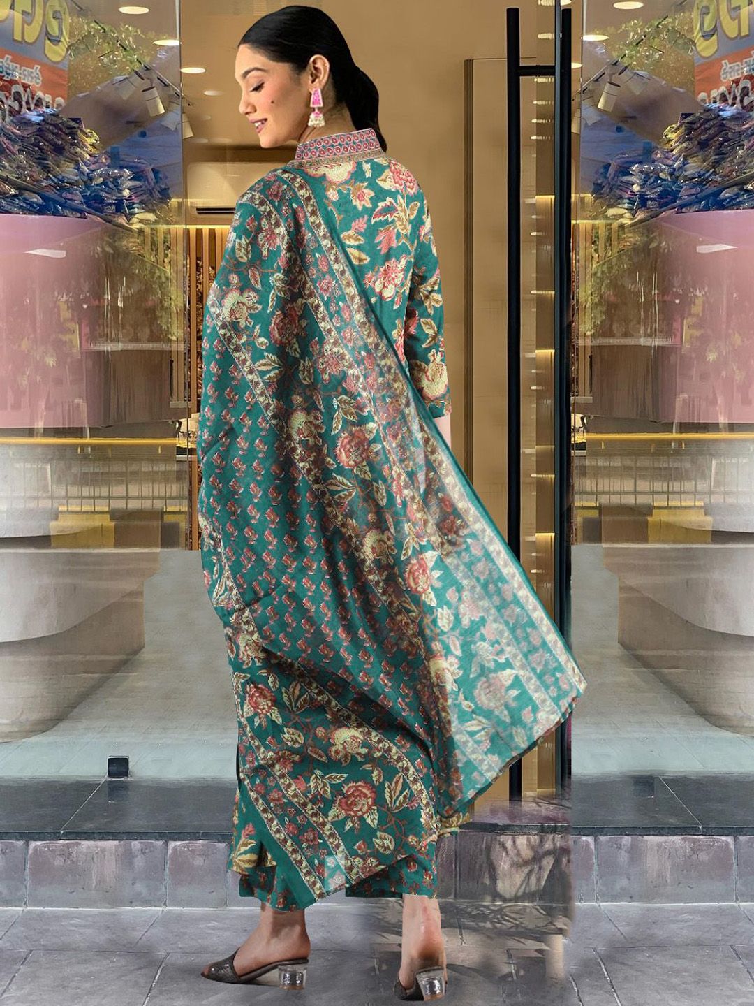 Dhiyona KL Floral Printed V-Neck A-Line Kurta With Palazzos & Dupatta