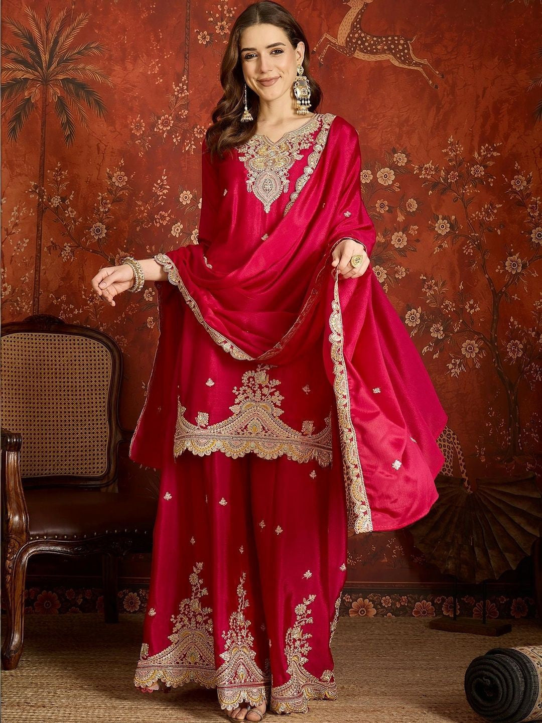 Dhiyona SN Women Ethnic Motifs Embroidered Regular Kurta with Sharara & With Dupatta