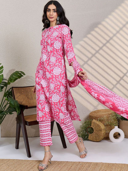 Women Floral Printed Regular Pure Cotton Kurta with Trousers & With Dupatta
