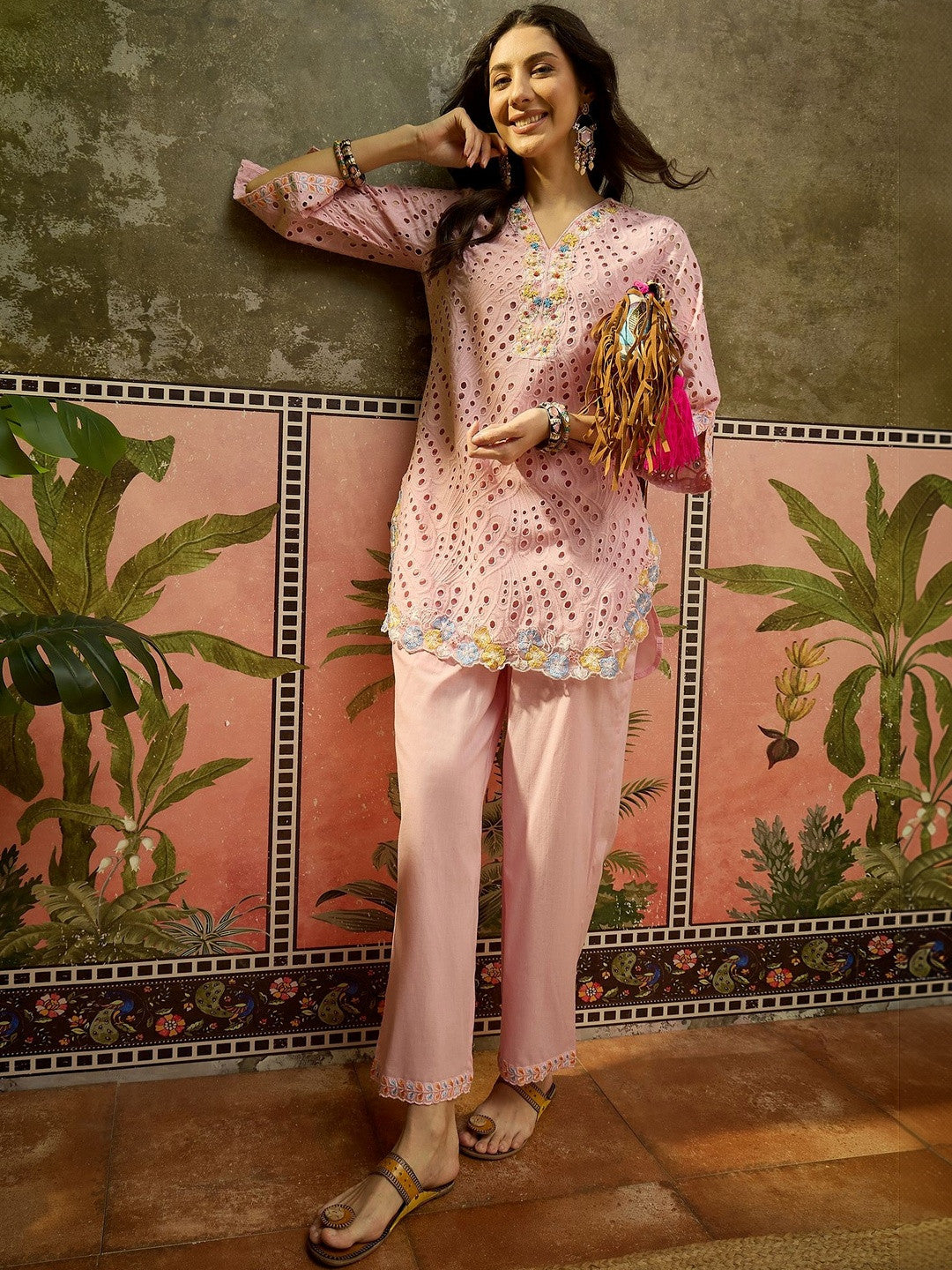 Embroidered Pure Cotton V-Neck Kurti & Trousers