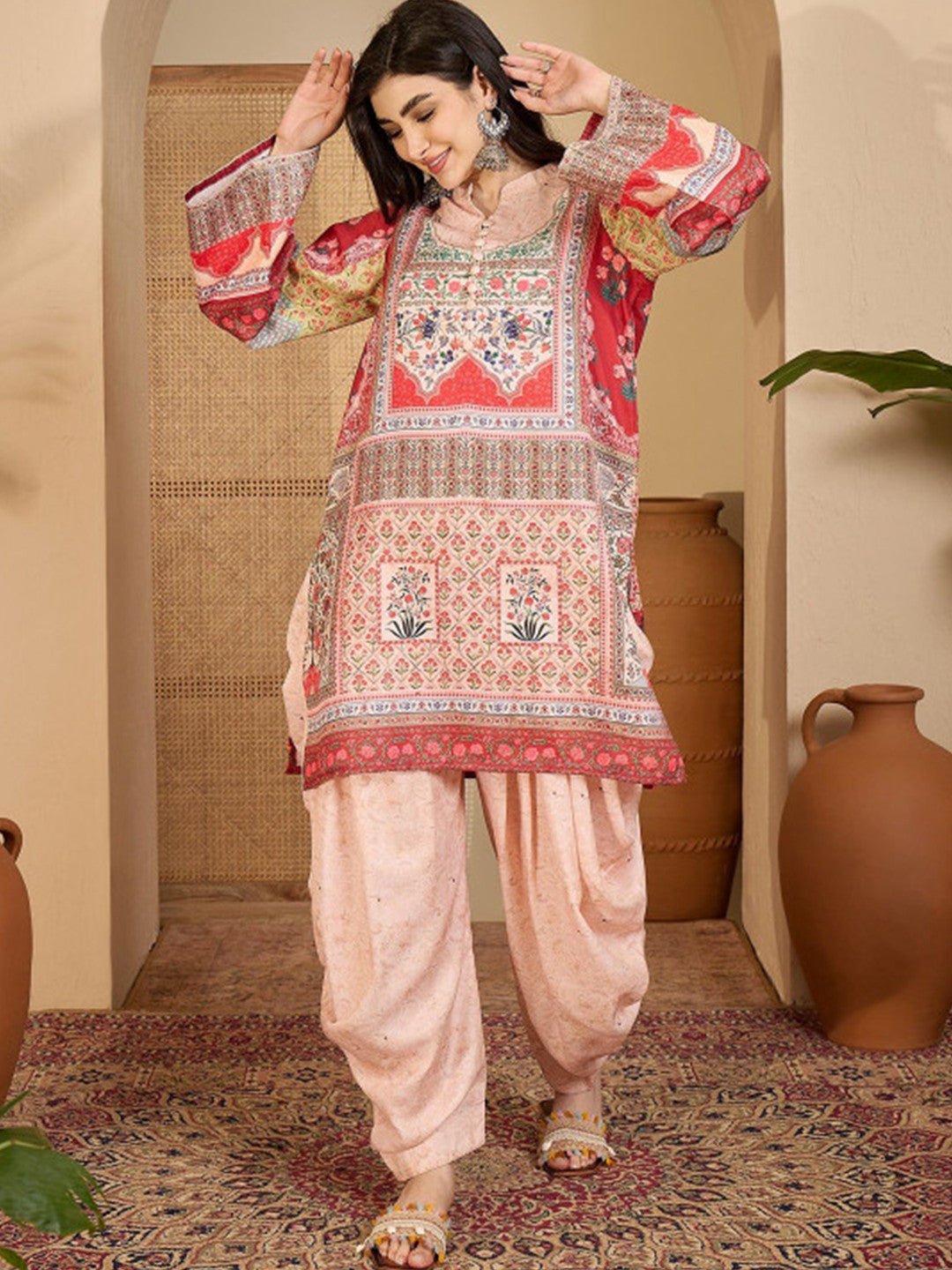 Printed Wool Round Neck Kurta & Trousers with Dupatta set