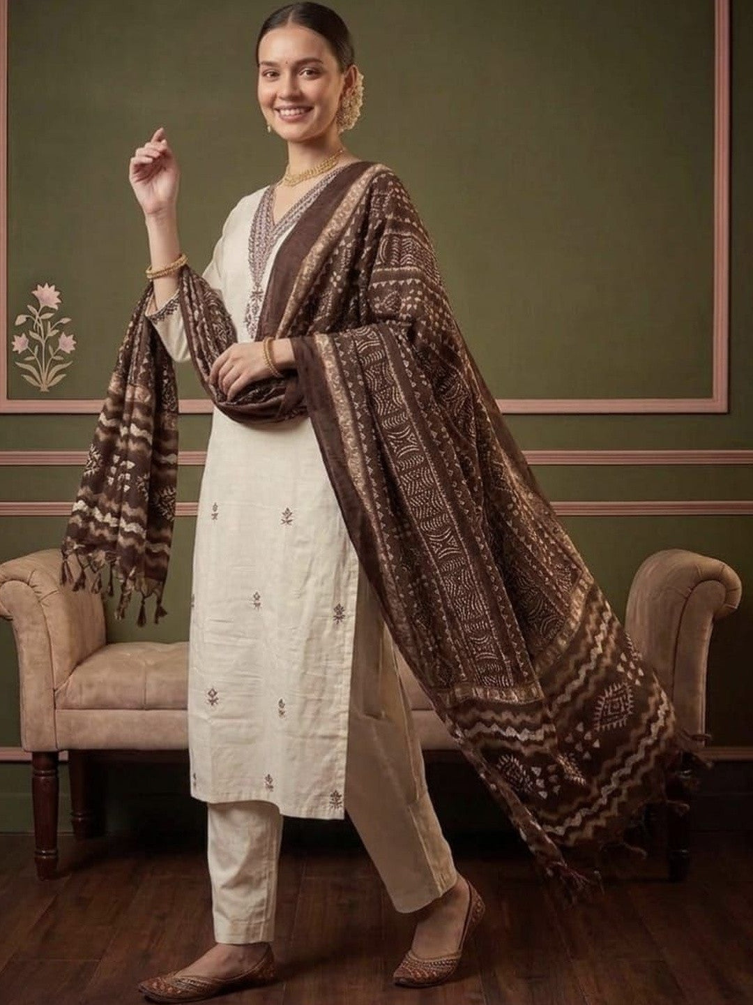 Women Ethnic Motifs Embroidered Regular Thread Work Pure Cotton Kurta with Trousers & With Dupatta