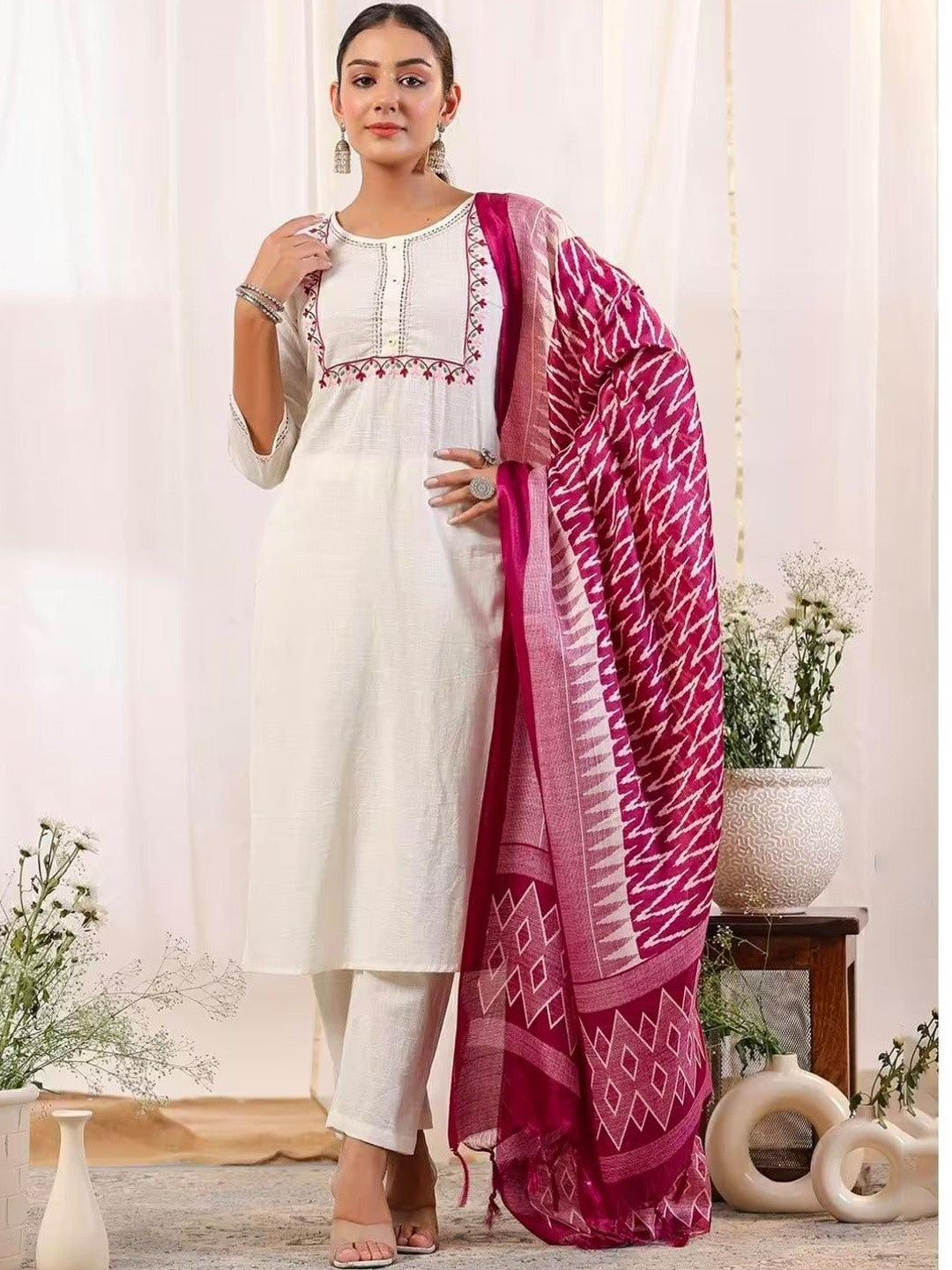 Pure Cotton Round Neck Kurta & Trousers With Dupatta
