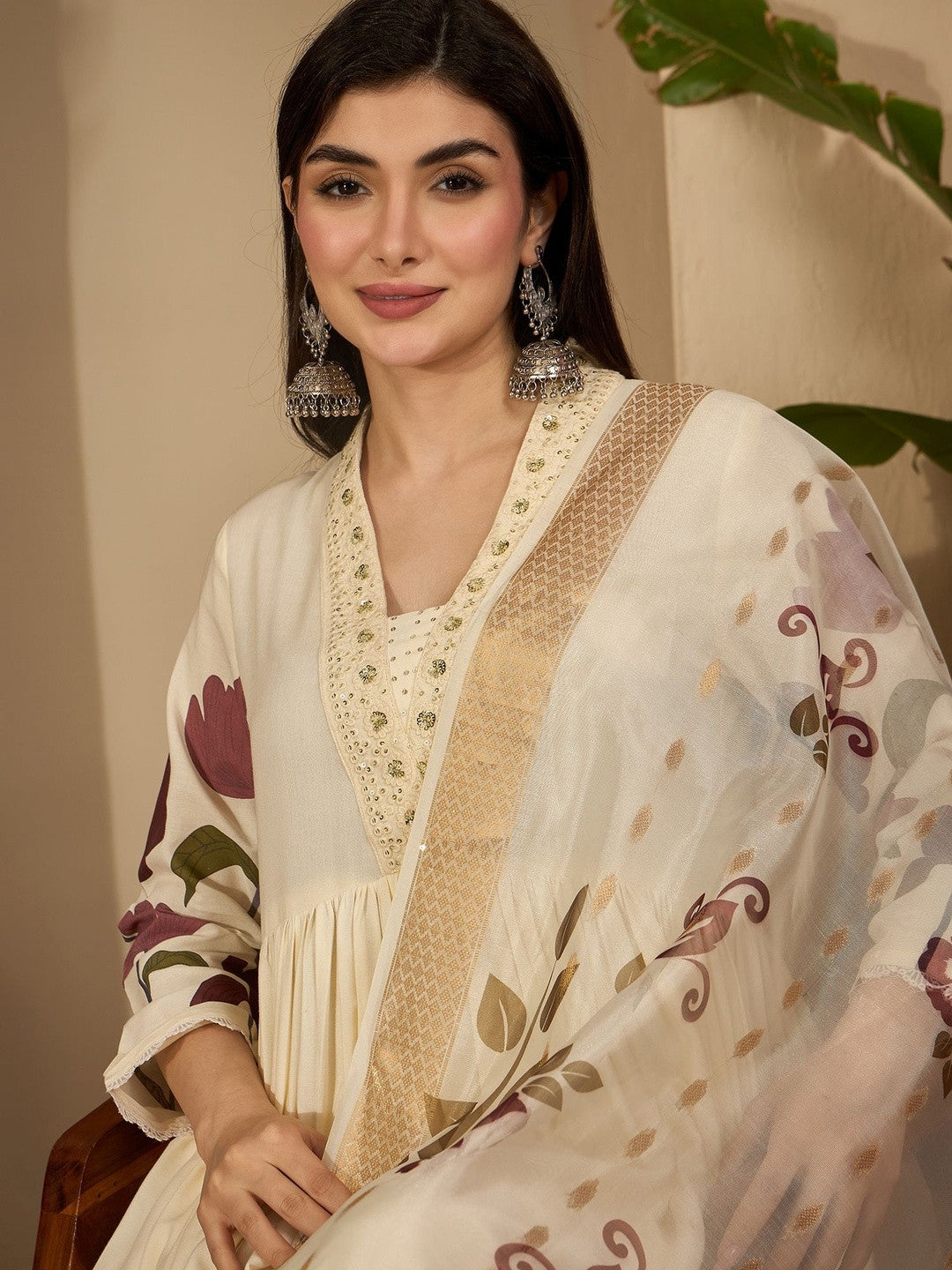 Women Floral Printed Empire Thread Work Kurta with Palazzos & With Dupatta