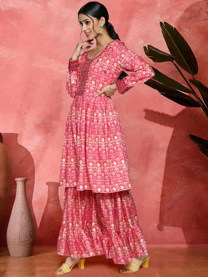 Dhiyona SN Floral Printed Mirror Work Flared Kurta With Sharara And Dupatta