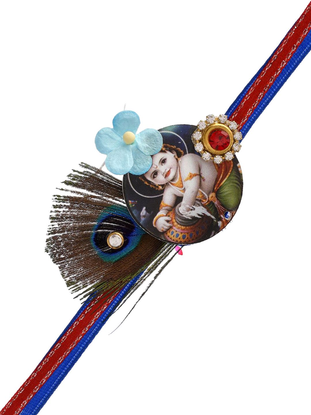 Dhiyona Blue Mor Pankh & Bal Gopal Beaded Rakhi With Roli Chawal & Greeting Card