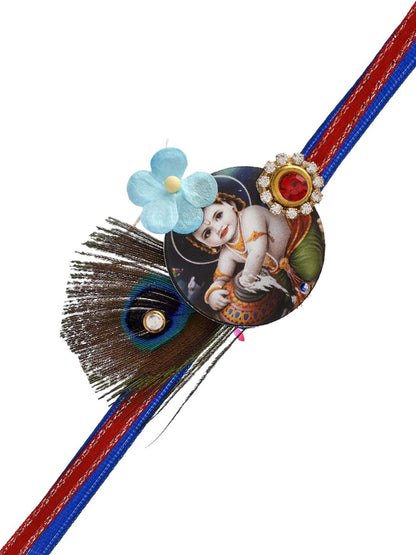 Dhiyona Blue Mor Pankh & Bal Gopal Beaded Rakhi With Roli Chawal & Greeting Card