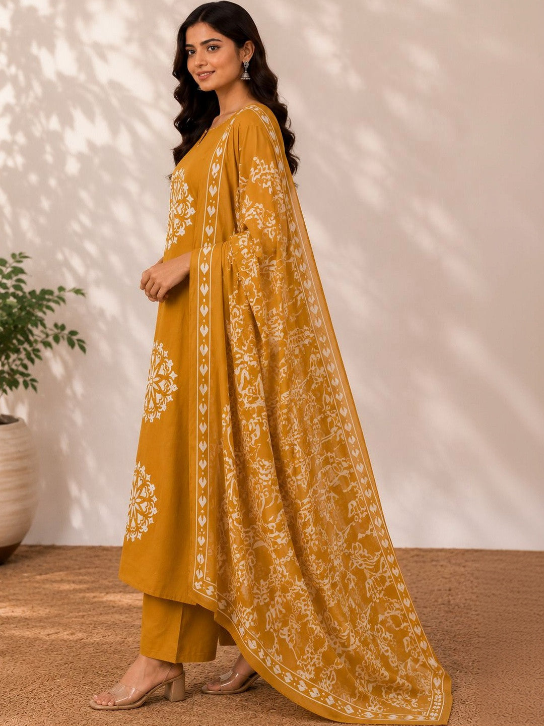 Women Ethnic Motifs Printed Regular Pure Cotton Kurta with Trousers & With Dupatta