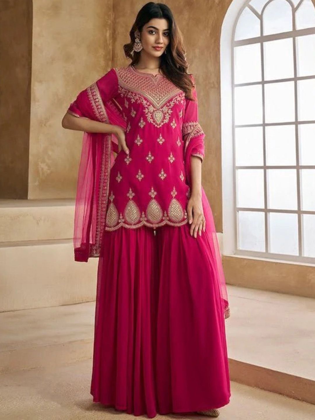 Dhiyona KL Floral Embroidered Notch Neck Sequinned Georgette Kurta With Sharara & Dupatta