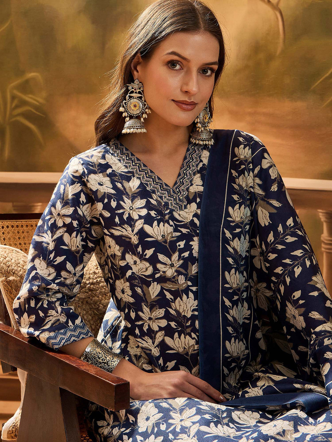 Women's Blue Ethnic Printed Cotton Blend Straight Kurta Pant Dupatta Set