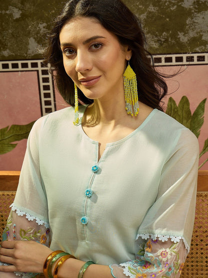 Embroidered Pure Cotton Round Neck Kurti & Trousers