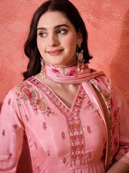 Dhiyona CH Women Floral Embroidered Anarkali Kurta with Trousers & Dupatta