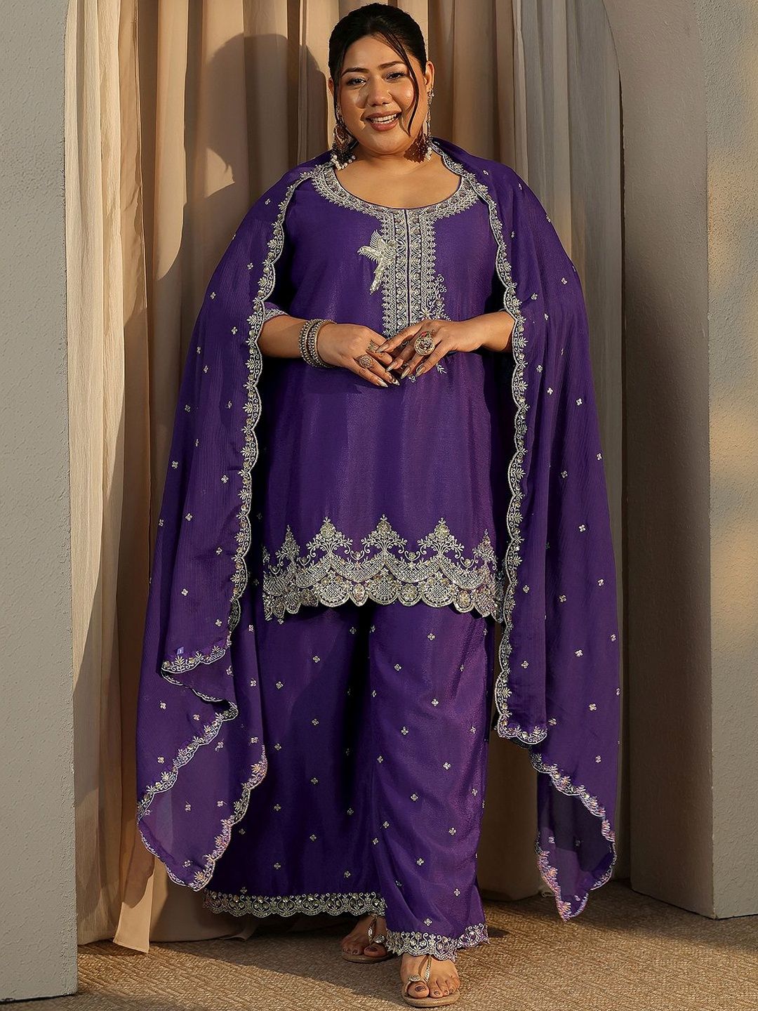 Dhiyona Women's Plus Size Ethnic Motifs Embroidered Kurta with Palazzo & Dupatta