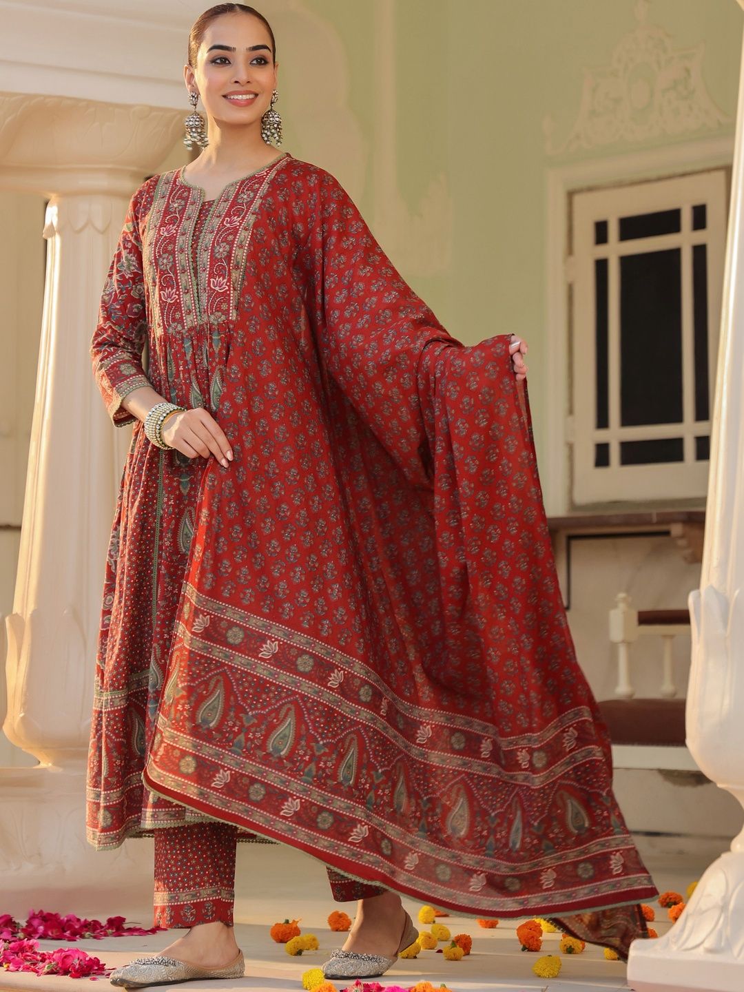Dhiyona RR Women's Ethnic Motifs Printed Pleated Pure Cotton Kurta with Trousers & With Dupatta