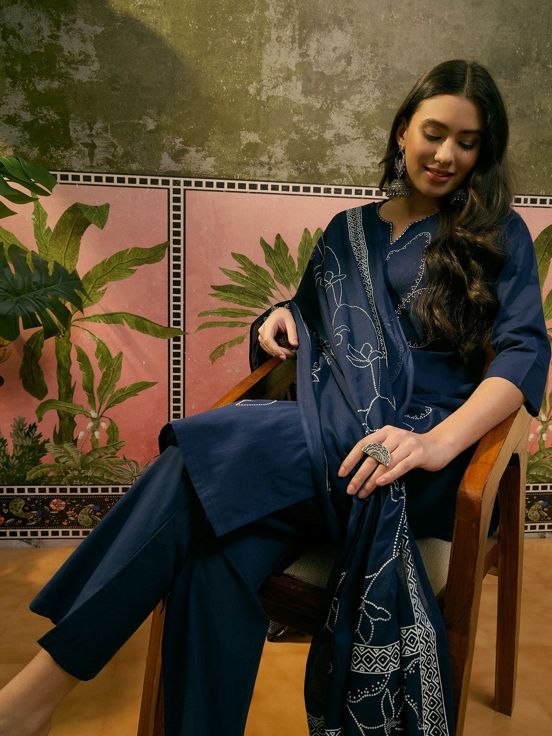 Floral Embroidered Pure Cotton Straight Kurta & Trousers With Dupatta