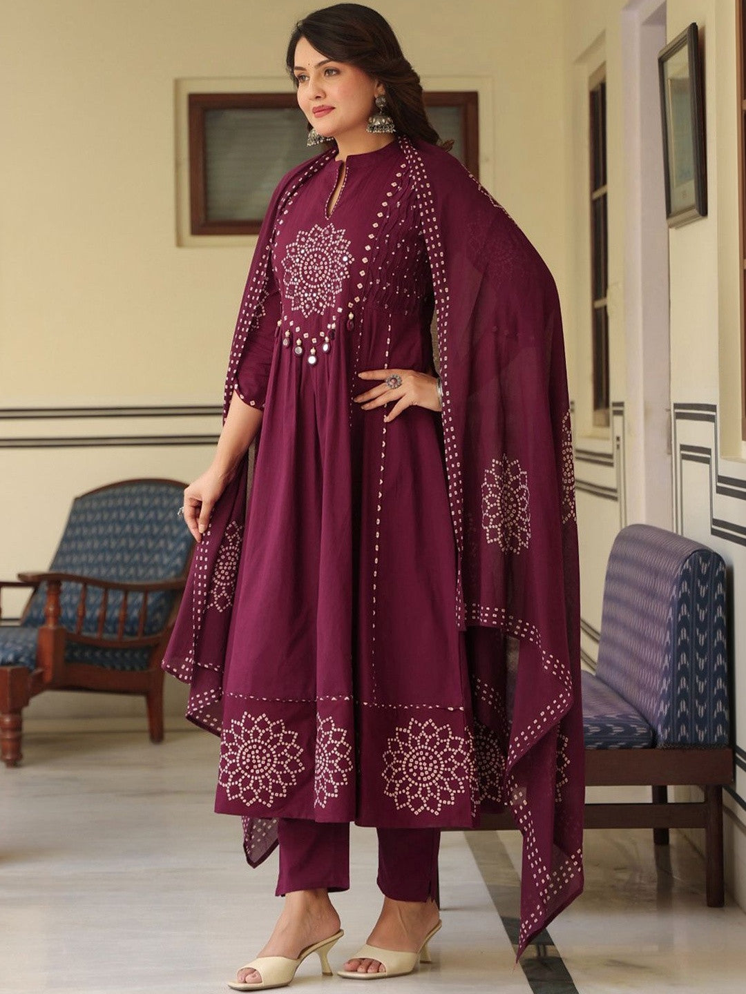 Women Ethnic Motifs Printed Empire Mirror Work Pure Cotton Kurta with Trousers & With Dupatta