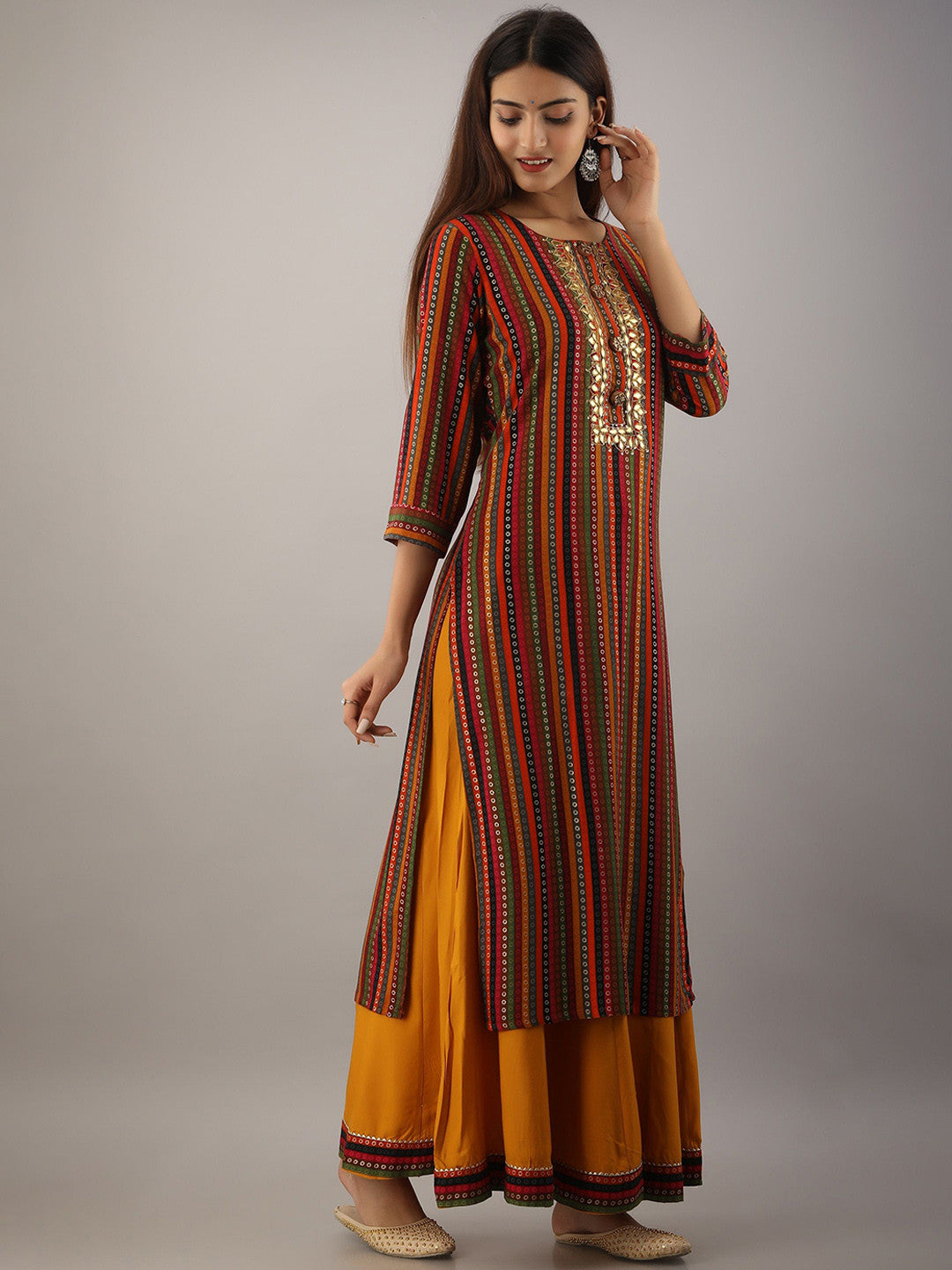 Floral Yoke Design Round Neck Gotta Patti Straight Kurta With Palazzos