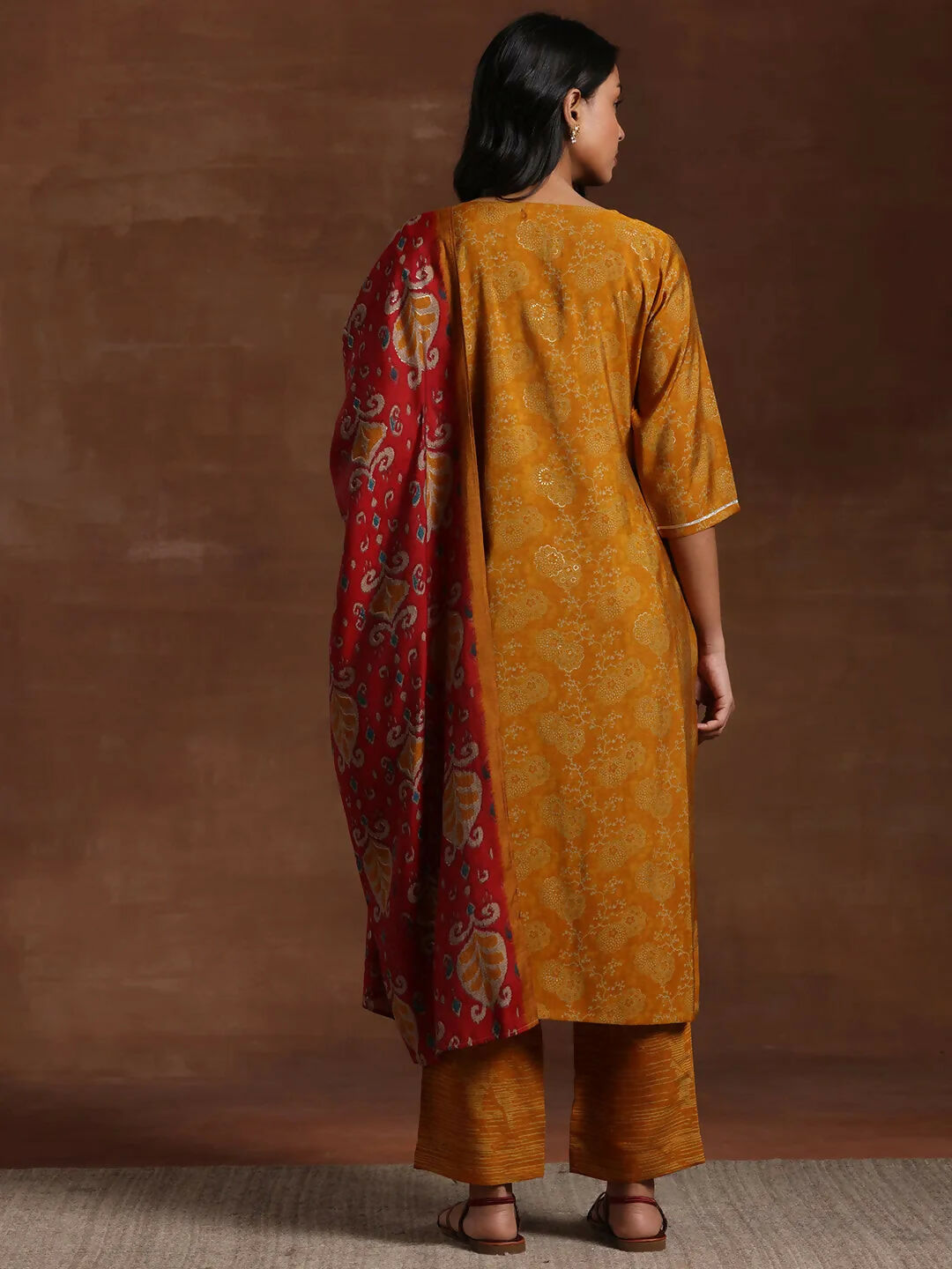 Women's LB Mustard Printed Silk Blend Straight Suit With Dupatta