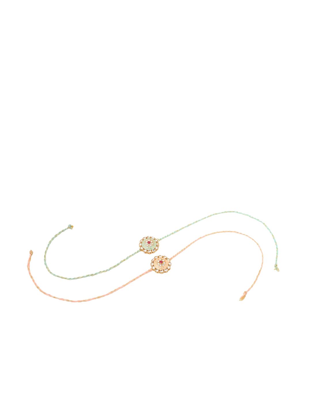 Dhiyona Kundan Studded Floral Bhaiya Bhabhi Rakhis With Roli Chawal Chandan & Mishri