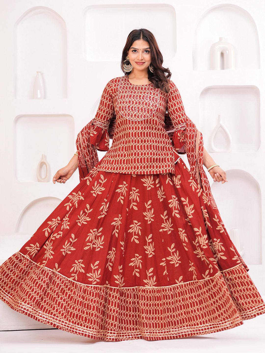 Dhiyona KL Women Ethnic Motifs Printed Cotton A-Line Kurti with Skirt & Dupatta