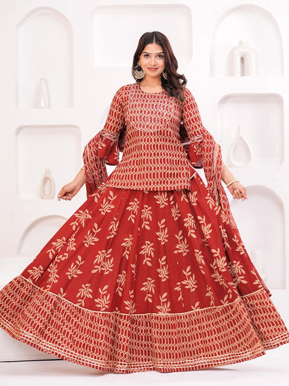 Dhiyona KL Women Ethnic Motifs Printed Cotton A-Line Kurti with Skirt & Dupatta