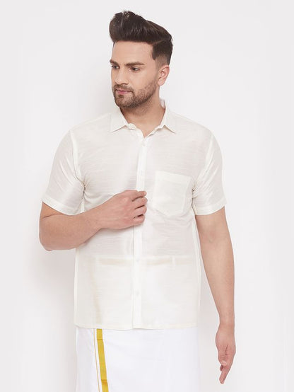 Men's Cream Silk Blend Straight Shirt And Mundu