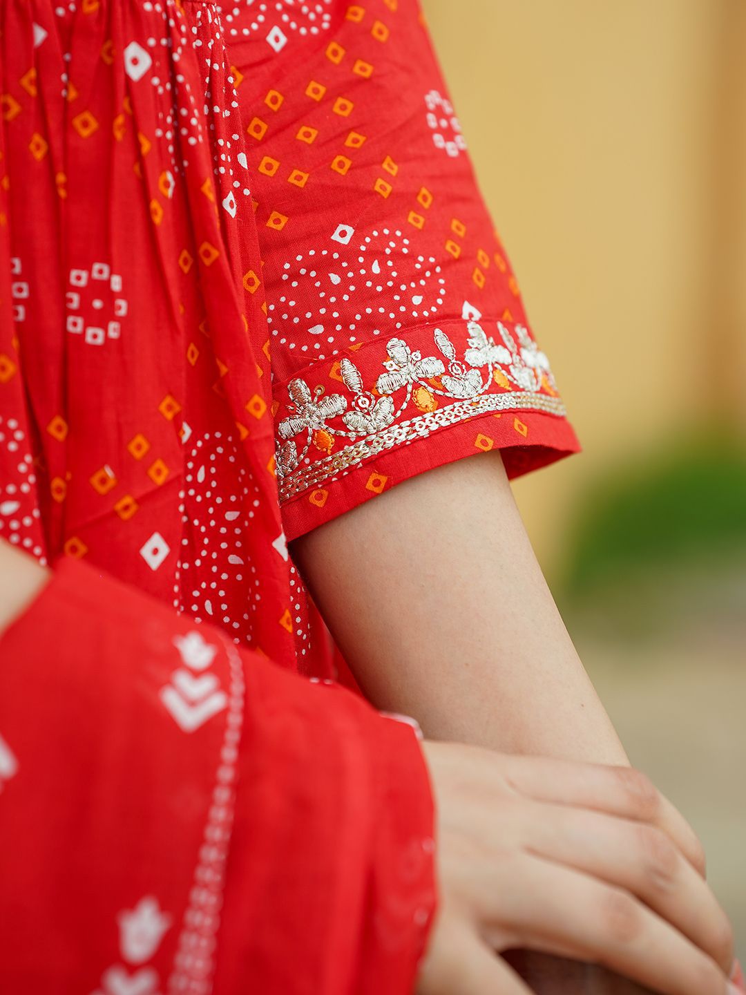 Dhiyona KL Bandhani Printed Thread Work Pure Cotton A-Line Kurta With Trousers & Dupatta