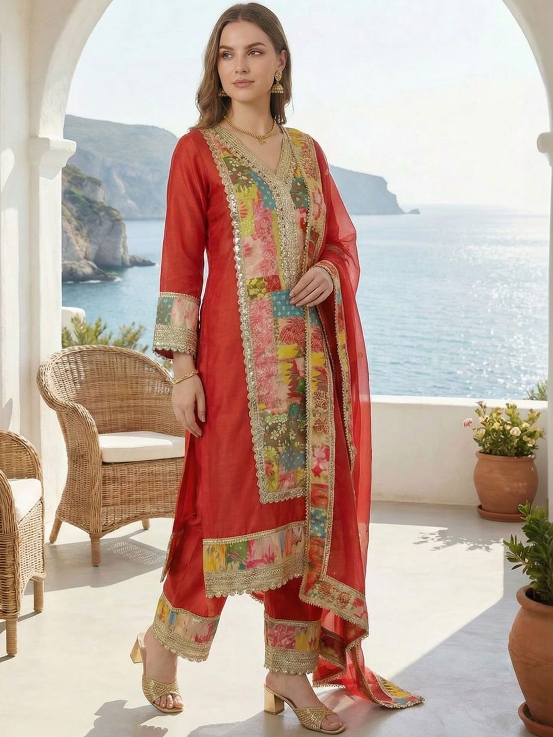 Dhiyona IE Women Floral Printed Regular Gotta Patti Kurta with Palazzos & With Dupatta
