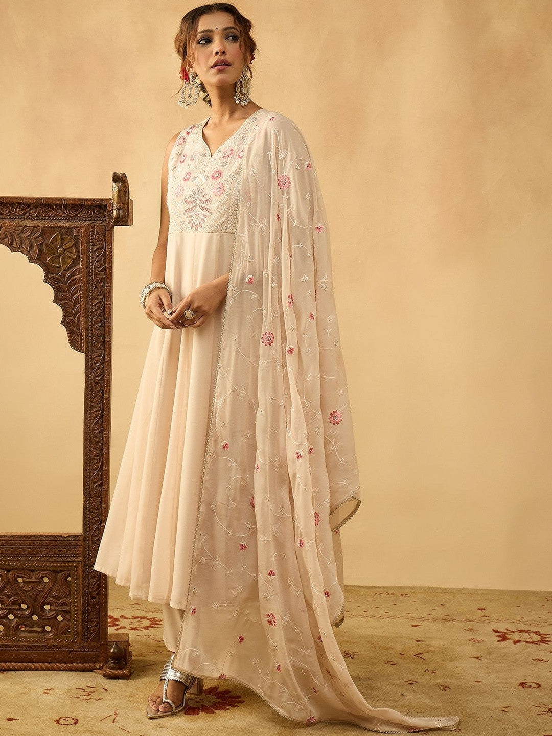 Embroidered Anarkali Kurta With Trouser & Dupatta