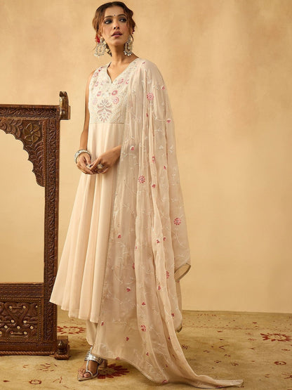 Embroidered Anarkali Kurta With Trouser & Dupatta