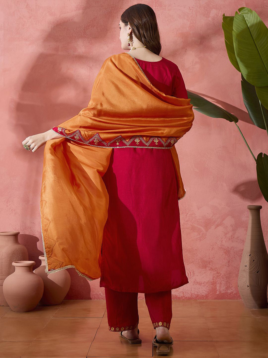 Women Ethnic Motif Embroidered Sequinned Kurta & Trousers With Dupatta