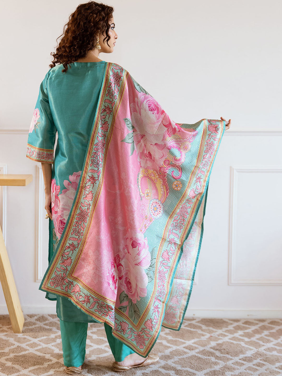 Floral Embroidered Notch Neck Tissue Silk Straight Kurta With Trousers & Dupatta